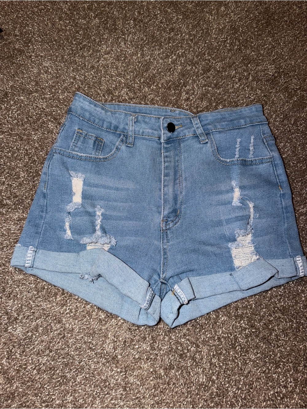 SHEIN Light Blue Distressed Rolled Cuff Denim Shorts